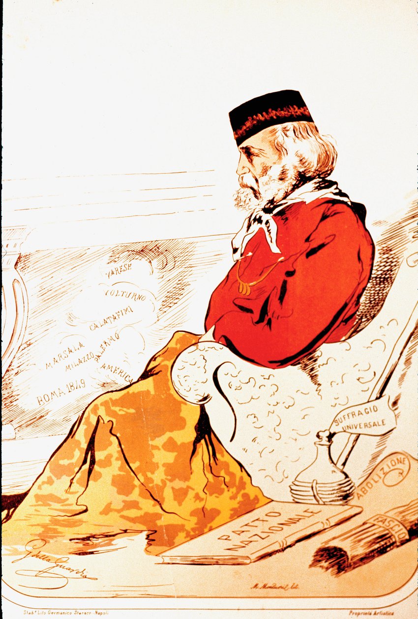 Representation by members of the parliamentary right of the Heros of Risorgimento and Italian patriot Giuseppe Garibaldi (1807-1882) in 1874. Drawing. Rome, Museo del Risorgimento بواسطة المدرسة الايطالية