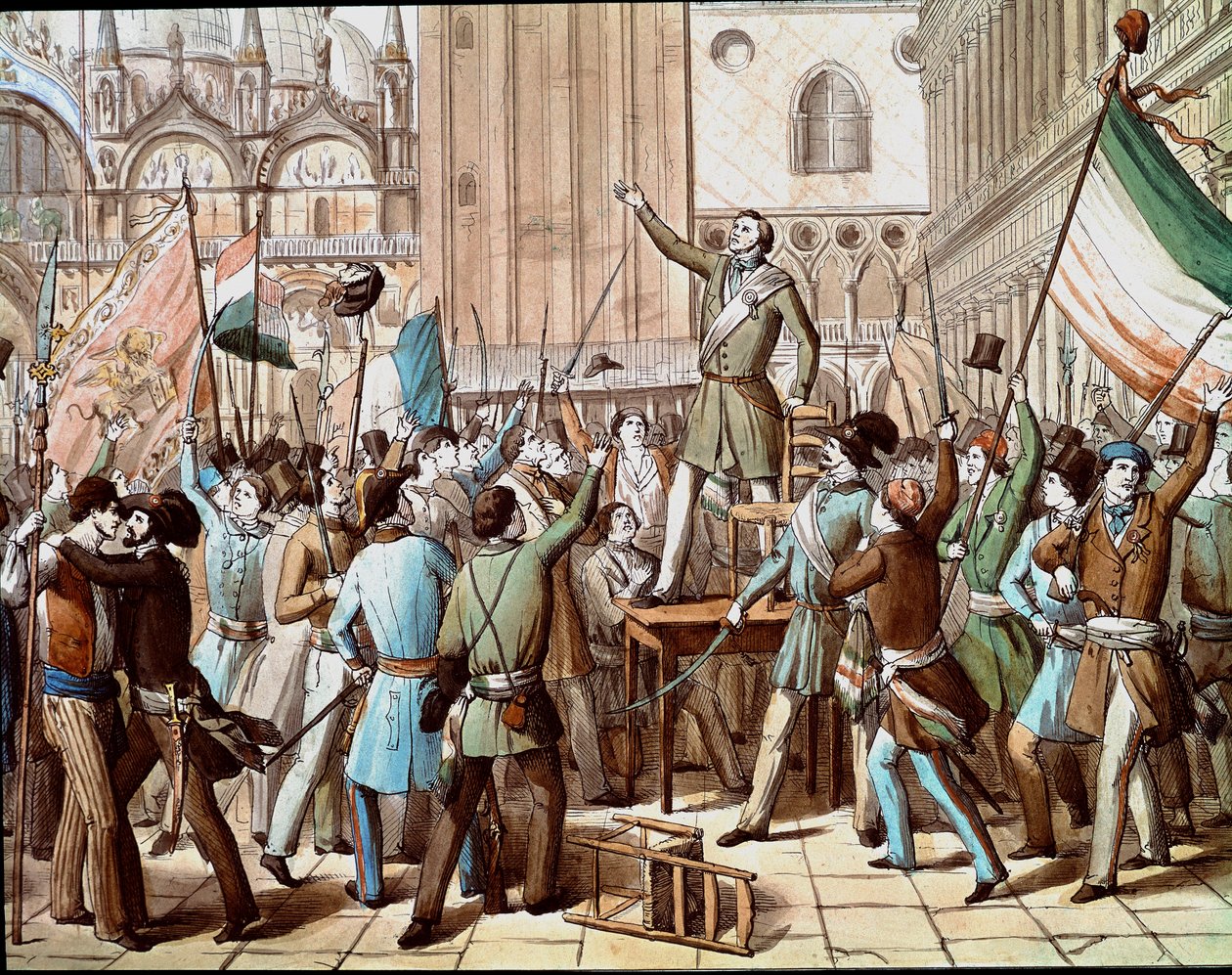 تمثيل دانييل مانين (1808-1857) ، السياسي الذي قاد ثورة البندقية ضد الوجود النمساوي في عام 1848: إعلان جمهورية البندقية في مارس 1848. (إعلان جمهورية البندقية في مارس 1848 ، مع تمثيل بواسطة المدرسة الايطالية