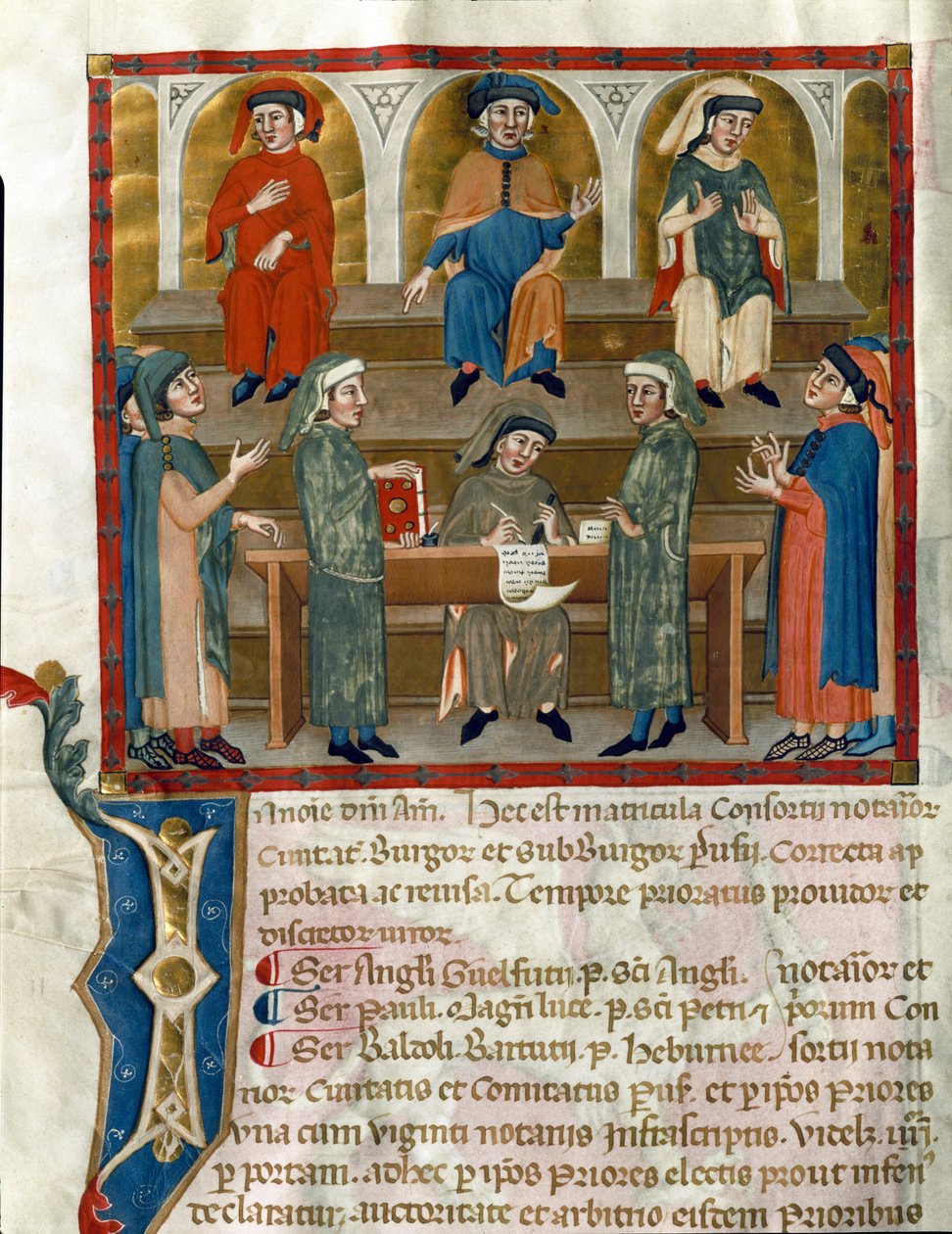 تمثيل صفحة مكتب دراسات كاتب العدل مأخوذ من Matricola del Consorzio dei Notai di Perugia (ms 972) (سجل ترتيب كتاب العدل) 1343-1354 Perugia، Biblioteca Comunale Augusta بواسطة المدرسة الايطالية