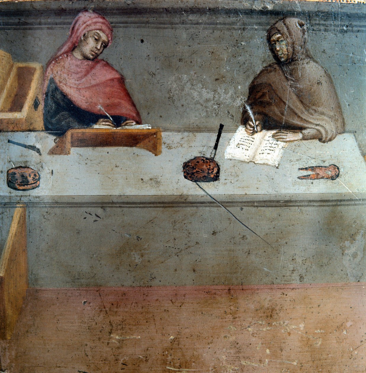 تمثيل مصور ، مساعد ناسخ رسم مجهول على خشب Biccherna (غلاف السجل المحاسبي لمدينة سيينا) 1388. Siena Archivio di Stato ، إيطاليا بواسطة المدرسة الايطالية