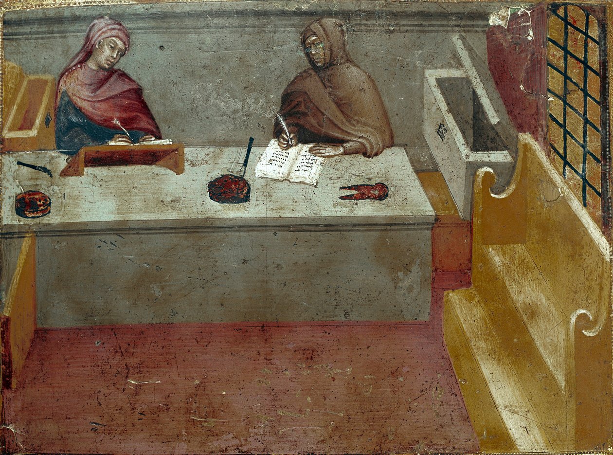 تمثيل مصور ، مساعد ناسخ رسم مجهول على خشب Biccherna (غلاف السجل المحاسبي لمدينة سيينا) 1388. Siena Archivio di Stato ، إيطاليا بواسطة المدرسة الايطالية
