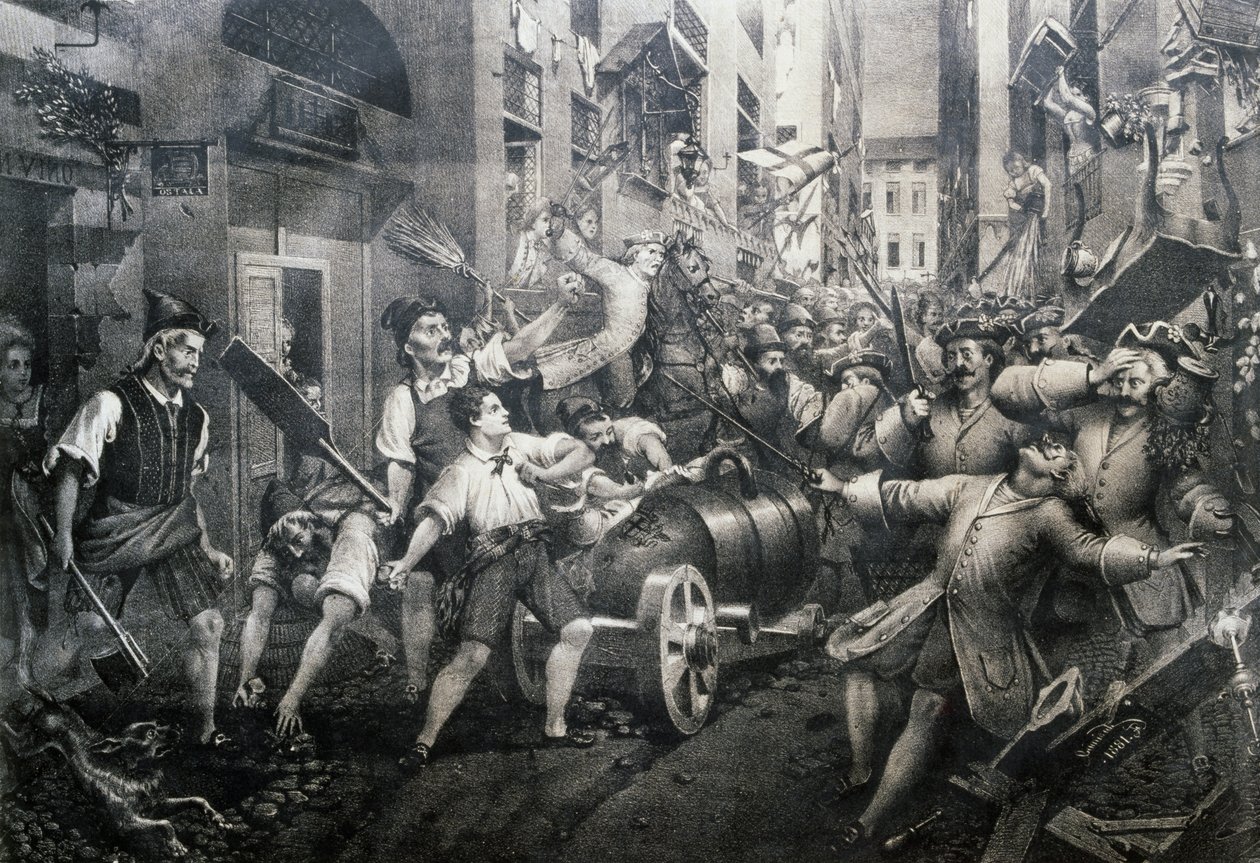 Revolt in Portoria district in Genoa against Austrians in 1746, led by Giovan Battista Perasso (1735-1781) known as Balilla بواسطة المدرسة الايطالية