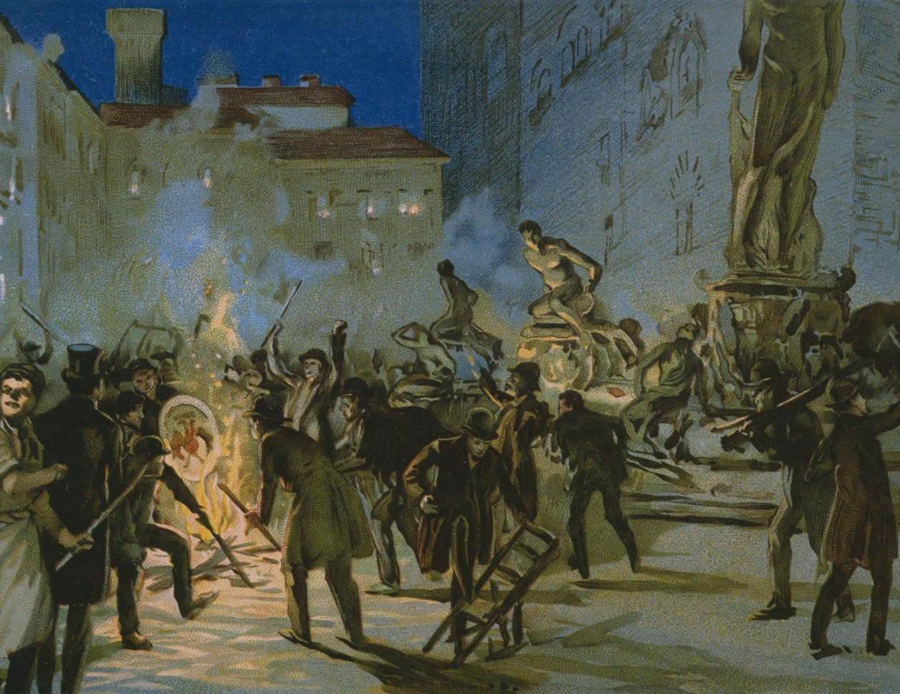 ثورة في فلورنسا ، 27 أبريل 1859 ، توضيح من ألبوم عن تاريخ Risorgimento المصنوع للشوكولاتة Talmone ، أواخر القرن التاسع عشر بواسطة المدرسة الايطالية