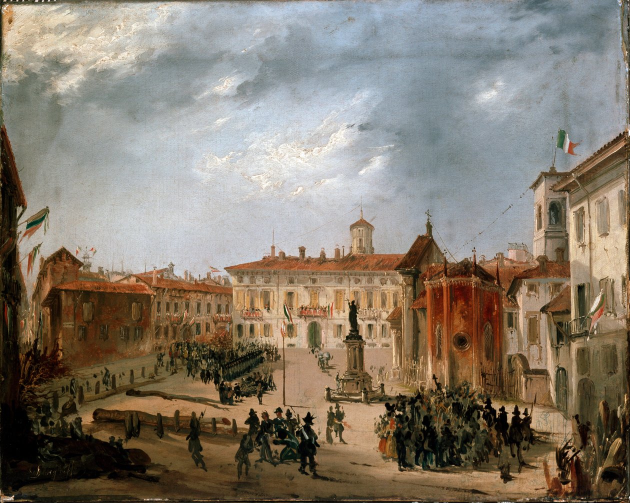 Revolutions of 1848, Five Days of Milan: Austrian prisoners on Borromeo square on March 20th (painting بواسطة المدرسة الايطالية