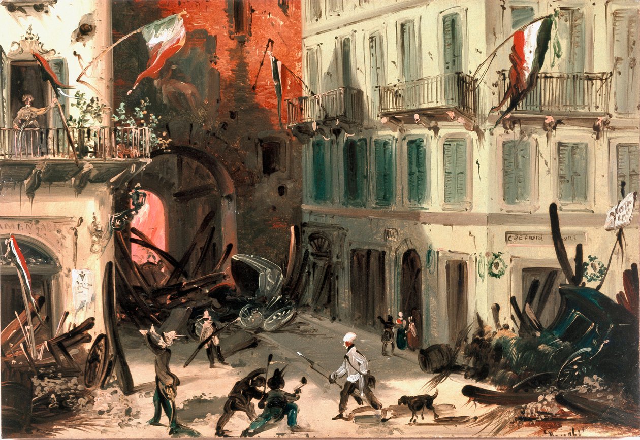 ثورات 1848 ، خمسة أيام من ميلانو: حواجز بالقرب من بوابة بوستيرلا بياتريس في 22 مارس (رسم بواسطة المدرسة الايطالية
