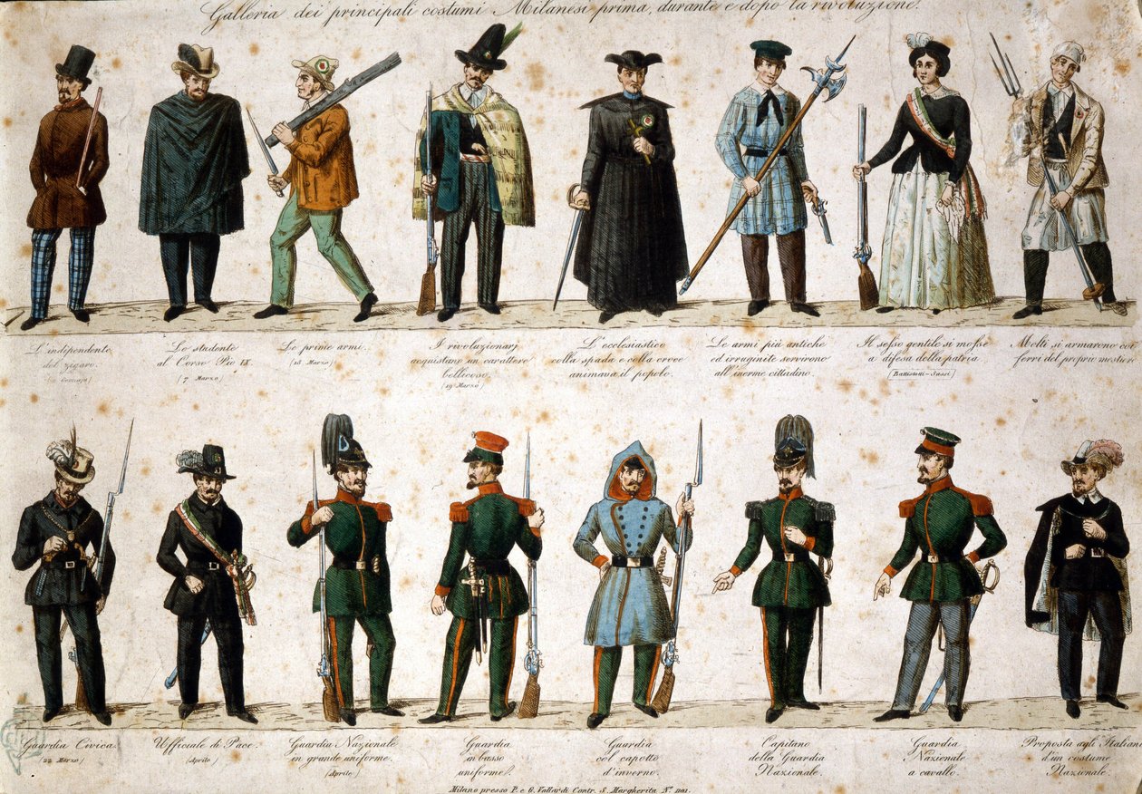 Risorgimento: الأيام الخمسة لميلانو (Cinque giornate di Milano) (18-22 مارس 1848): هذه واحدة من أولى حلقات ثورات 1848 (جزء من حرب الاستقلال الإيطالية الأولى) التي شهدت صعود ميلانو. السكان المتمردين ضد بواسطة المدرسة الايطالية
