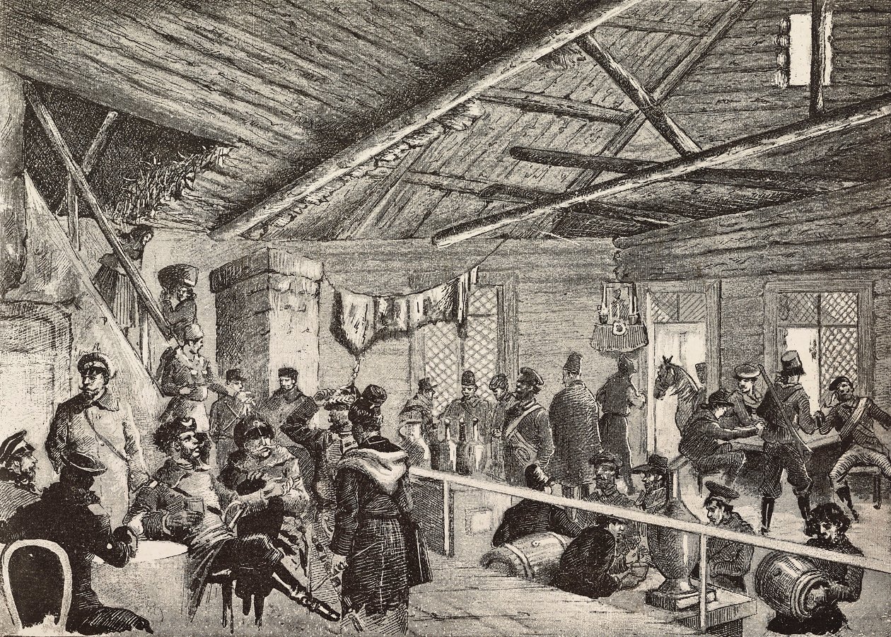 Russian soldiers in tavern near Warsaw fortifications, Poland, engraving from sketch by Fritzmann, from L