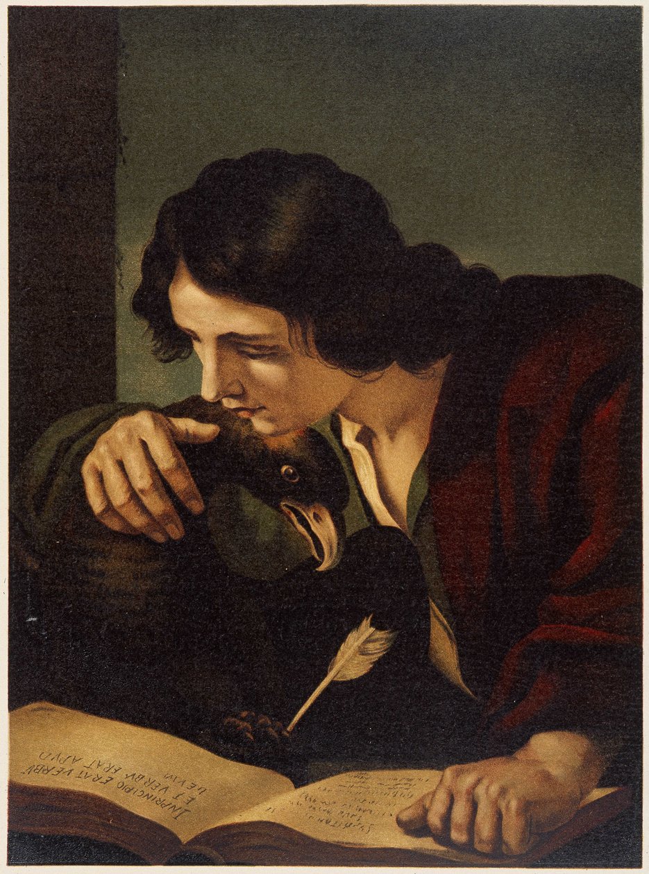 القديس يوحنا مع النسر في "الكتاب المقدس الكلاسيكي الذهبي: تاريخ الوحي الإلهي في القديم وفي الكفاح الجديد" بقلم جيوفاني لاديسلاو سيكورا (المجلد 2) ، ترجمة دون كليمنتي بينيتي. (الكتاب المقدس الإيطالي) بواسطة المدرسة الايطالية