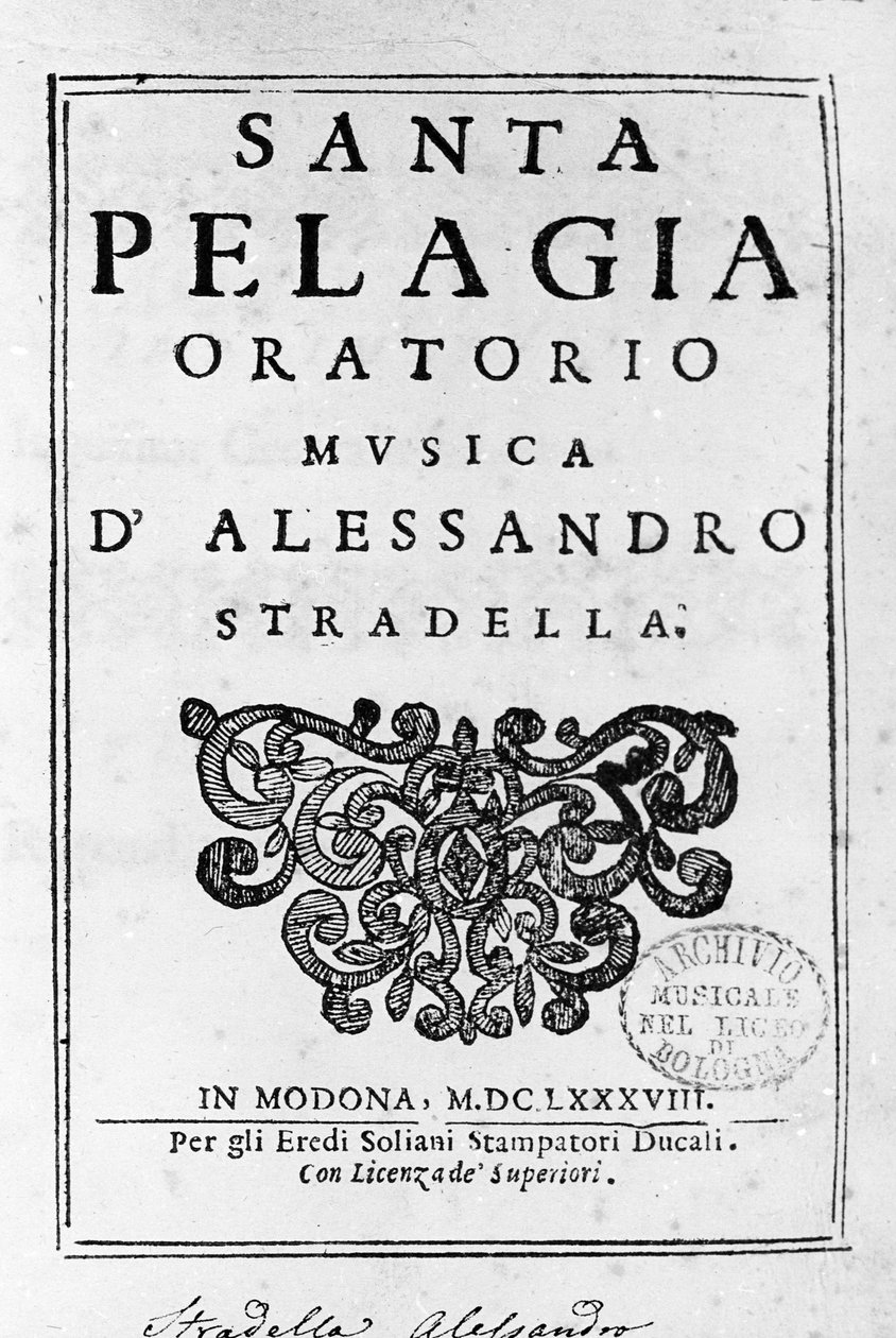 سانتا بيلاجيا ، مقدمة من درجة الخطابة التي كتبها أليساندرو ستراديلا (1644-1682) الملحن الإيطالي. مودينا 1688. بواسطة المدرسة الايطالية