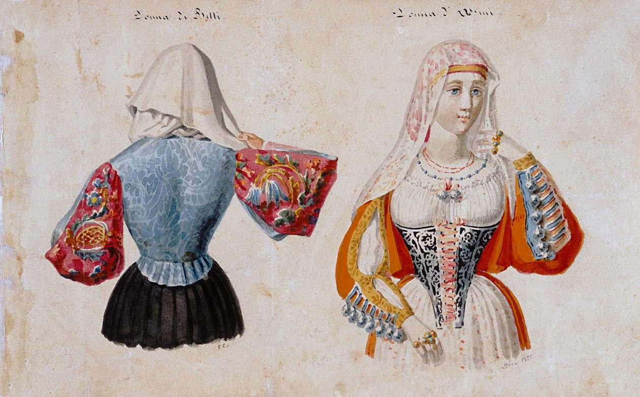 أزياء سردينيا من Bitti و Osini ، اطبع ms. 257 ، مجموعة كومينوتي بواسطة المدرسة الايطالية