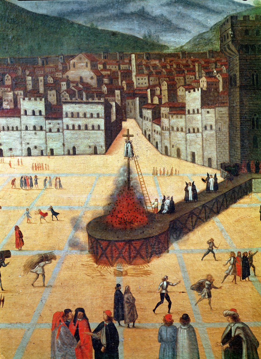 Savonarola Being Burnt at the Stake ، Piazza della Signoria ، فلورنسا ، تفاصيل النار (زيت على لوح) بواسطة المدرسة الايطالية