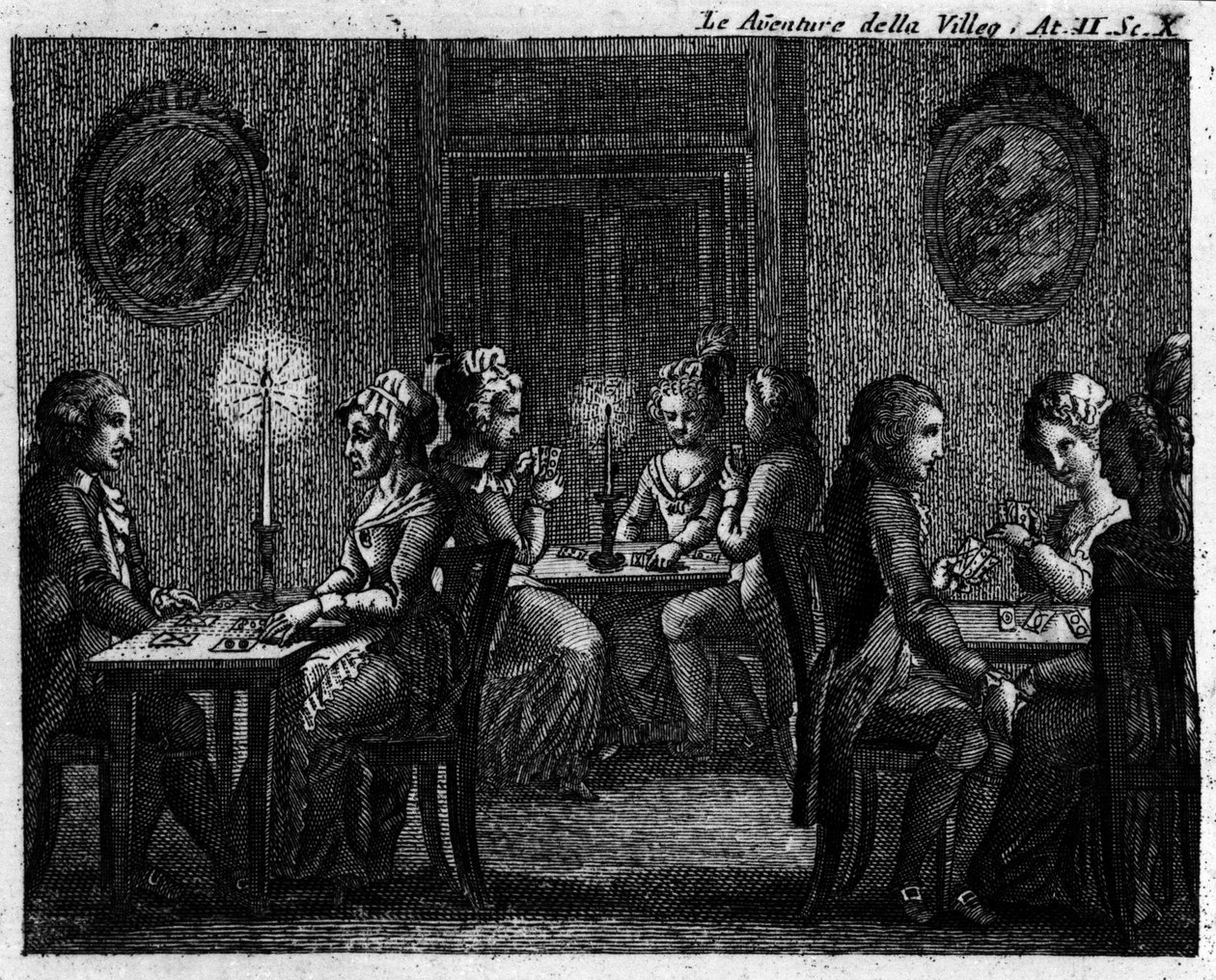 المشهد العاشر من الفصل الثاني للقصة الكوميدية "The avventure della villeggiatura" (مغامرات المدينة) (1756) لكارلو جولدوني (1707-1793): طاولات ألعاب. نقش القرن الثامن عشر بواسطة المدرسة الايطالية
