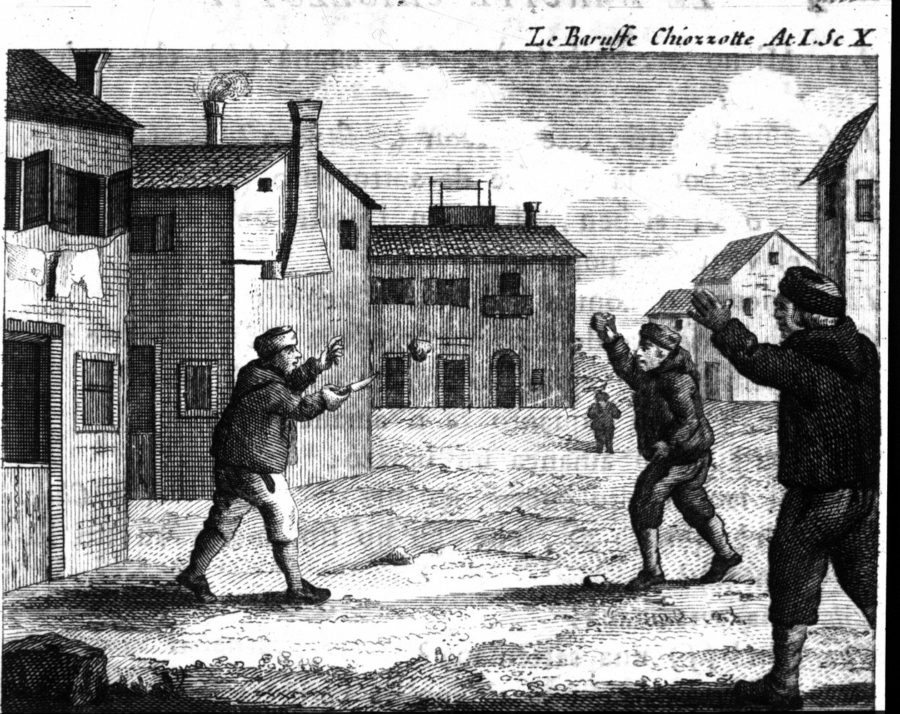 المشهد العاشر من الفصل الأول من العمل الهزلي "Le baruffe chiozzotte" (Baroufe a Chioggia) (1762) لكارلو جولدوني (1707-1793). نقش القرن الثامن عشر بواسطة المدرسة الايطالية
