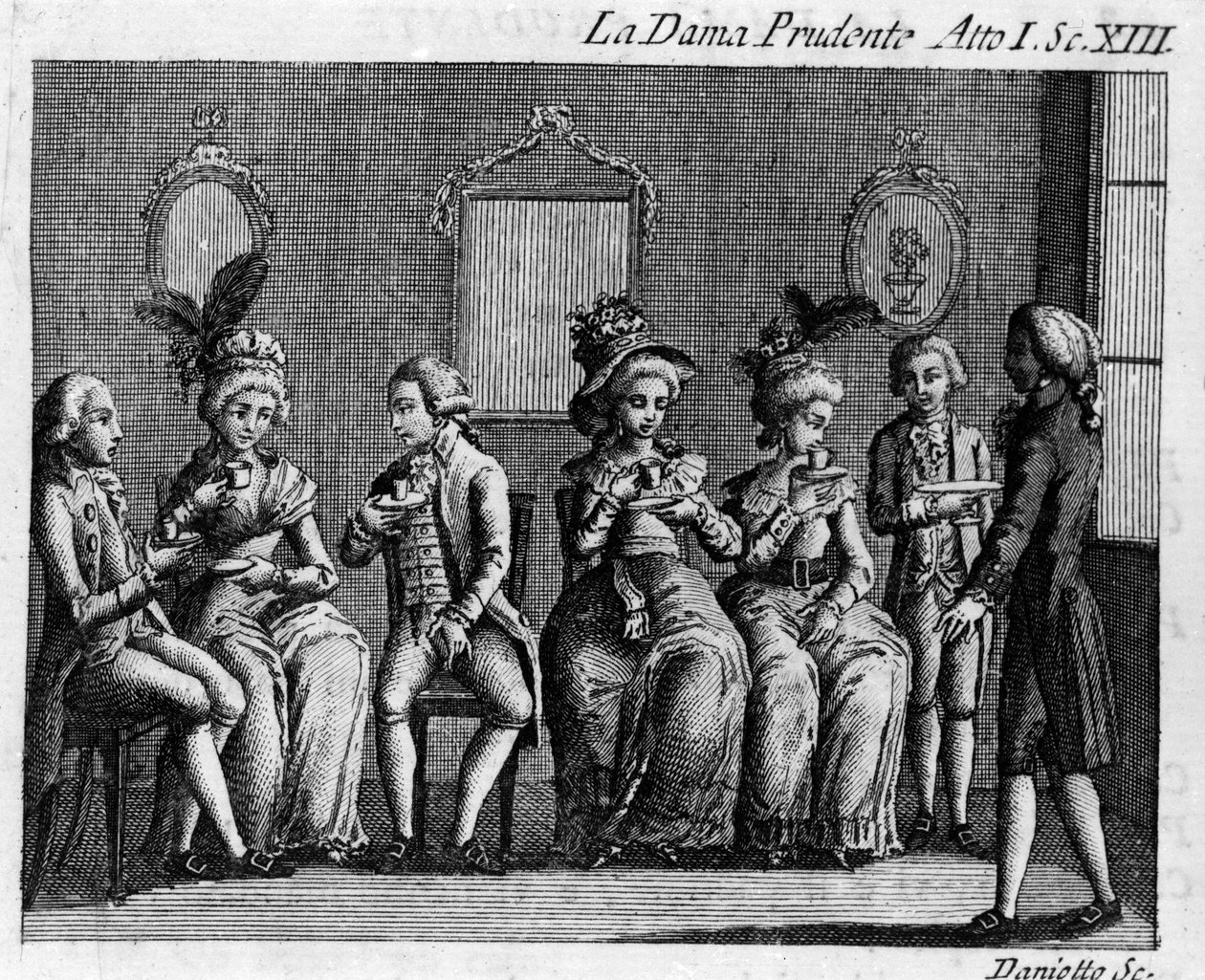المشهد الثالث عشر من الفصل الأول من العمل الهزلي "La dama prudente" (الزوجة الحكيمة) (1751) لكارلو جولدوني (1707-1793). نقش القرن الثامن عشر بواسطة المدرسة الايطالية