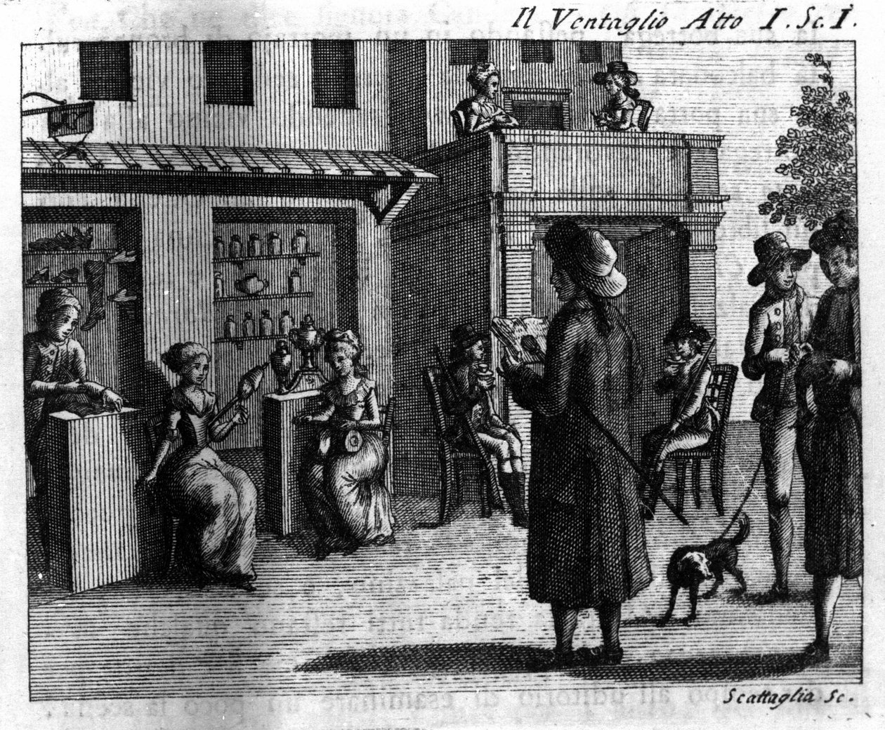 المشهد الأول من الفصل الأول من العمل الهزلي "Il ventaglio" "(الحدث) (1764) لكارلو جولدوني (1707-1793). نقش القرن الثامن عشر بواسطة المدرسة الايطالية