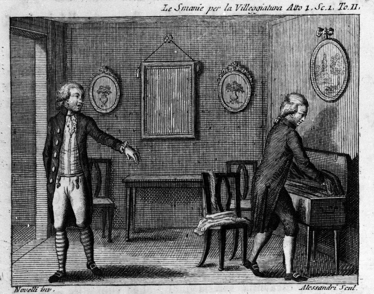 المشهد الأول من الفصل الأول من العمل الهزلي "Le smania per la villeggiatura" "(لا فيل) (1761) لكارلو جولدوني (1707-1793). نقش القرن الثامن عشر. بواسطة المدرسة الايطالية