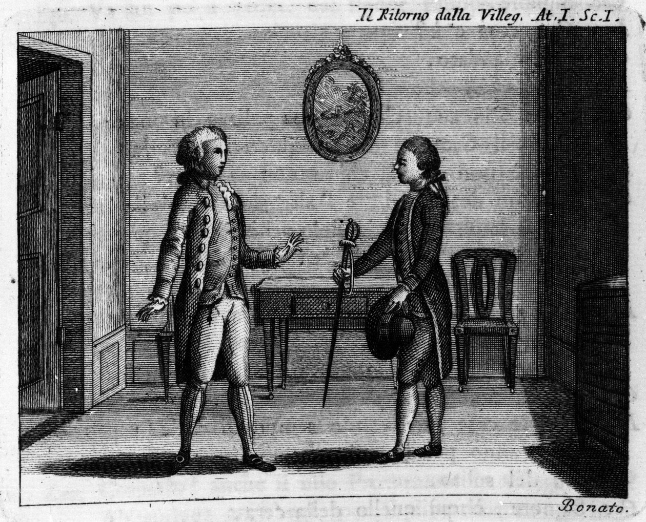 المشهد الأول من الفصل الأول من العمل الهزلي "" Ritorno della villeggiatura "" (عودة المدينة) (1761) لكارلو جولدوني (1707-1793). نقش القرن الثامن عشر بواسطة المدرسة الايطالية
