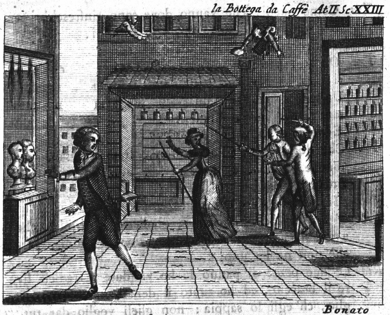 المشهد الثالث والعشرون من الفصل الثاني للقصة الكوميدية "لا بوتيغا ديل كافيه" (المقهى) (1750) لكارلو جولدوني (1707-1793): طاولات ألعاب. نقش القرن الثامن عشر بواسطة المدرسة الايطالية