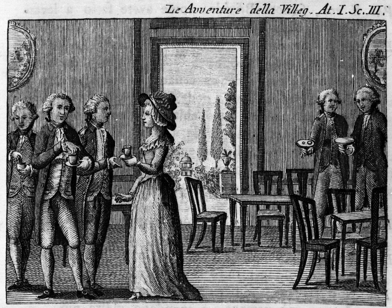 المشهد الثالث من الفصل الأول من العمل الهزلي "The avventure della villeggiatura" (مغامرات المدينة) (1756) لكارلو جولدوني (1707-1793). نقش القرن الثامن عشر بواسطة المدرسة الايطالية