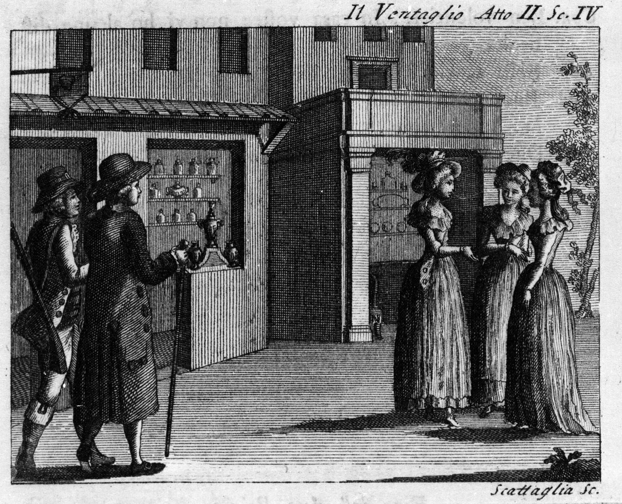 المشهد الرابع من الفصل الثاني من العمل الهزلي "Il ventaglio" (الحدث) (1764) لكارلو جولدوني (1707-1793). نقش القرن الثامن عشر بواسطة المدرسة الايطالية