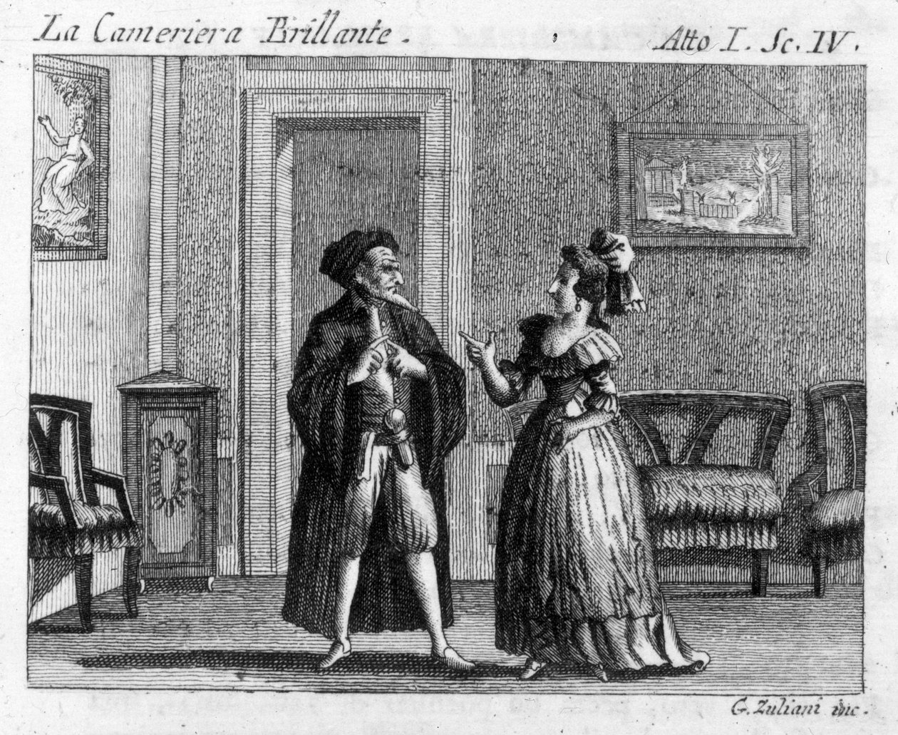المشهد الرابع من الفصل الأول من العمل الهزلي "La cameriera brillante" (الخادمة الرائعة) (1754) لكارلو جولدوني (1707-1793): طاولات ألعاب. نقش القرن الثامن عشر بواسطة المدرسة الايطالية