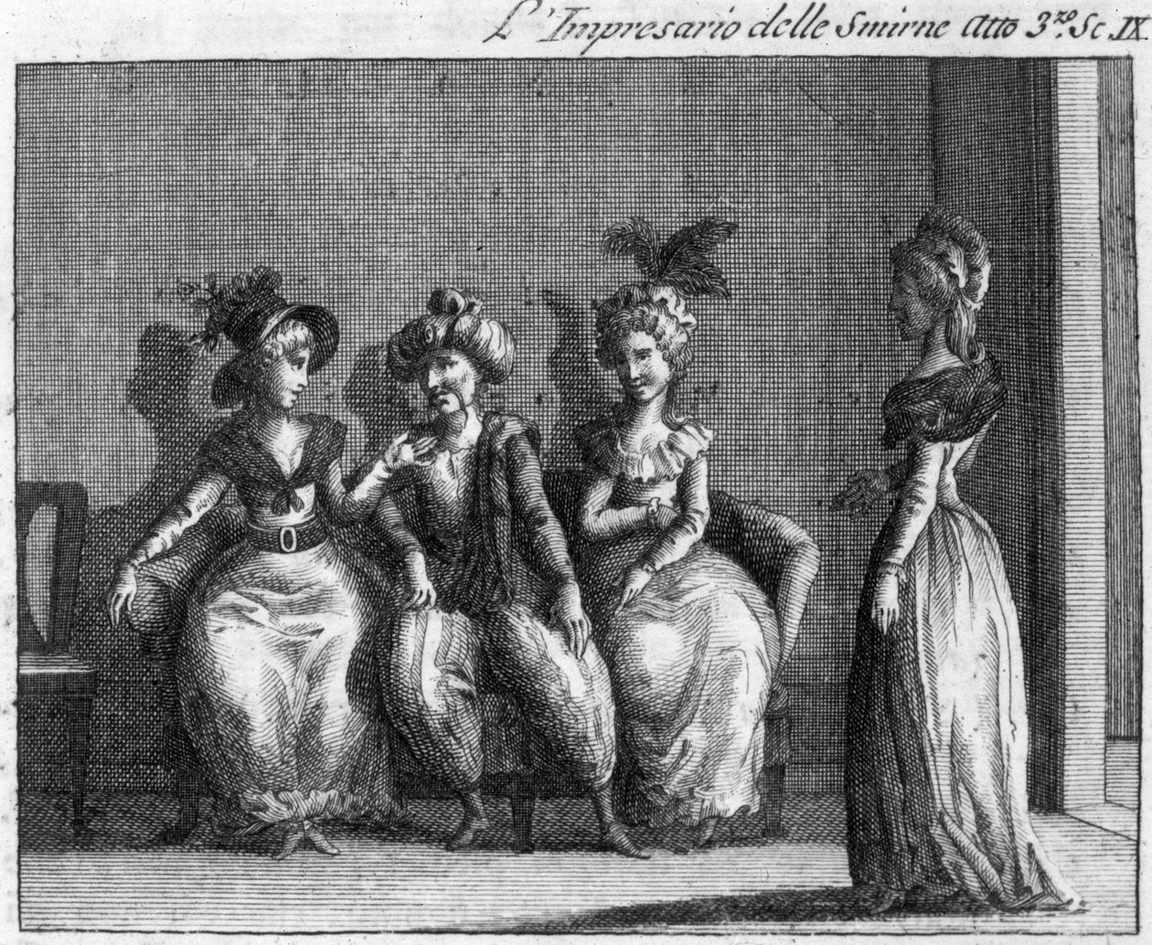 المشهد الرابع من الفصل الأول من العمل الهزلي "L'impresario delle Smirne" (L'impresario de Smyrne) لكارلو جولدوني (1707-1793). نقش القرن الثامن عشر بواسطة المدرسة الايطالية