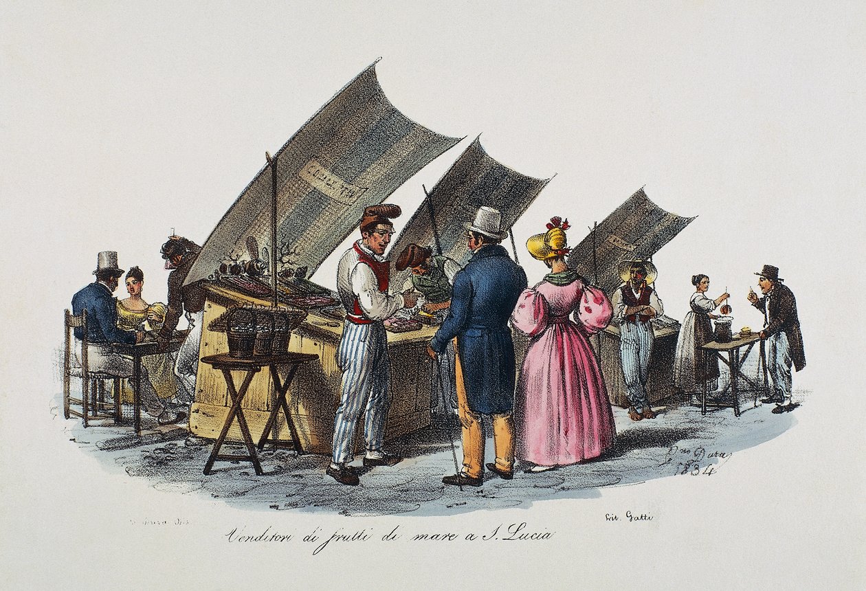 Seafood seller in Santa Lucia, Naples, Italy بواسطة المدرسة الايطالية