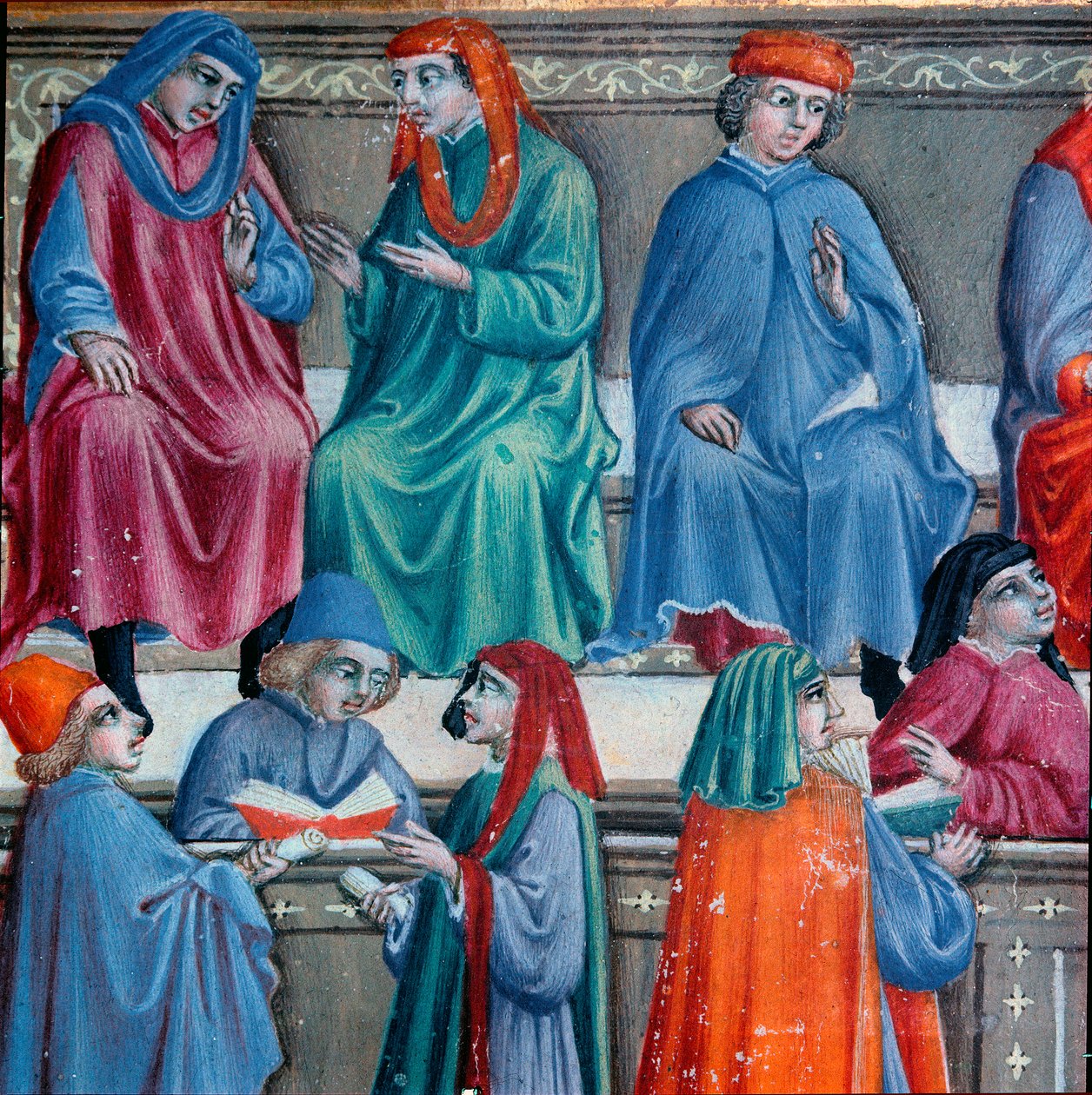 تجار سينيس. تفاصيل منمنمة مأخوذة من Statuto della Mercanzia "، مخطوطة تشريع تجاري في سيينا. 1342. أرشيف الدولة لسيينا. بواسطة المدرسة الايطالية