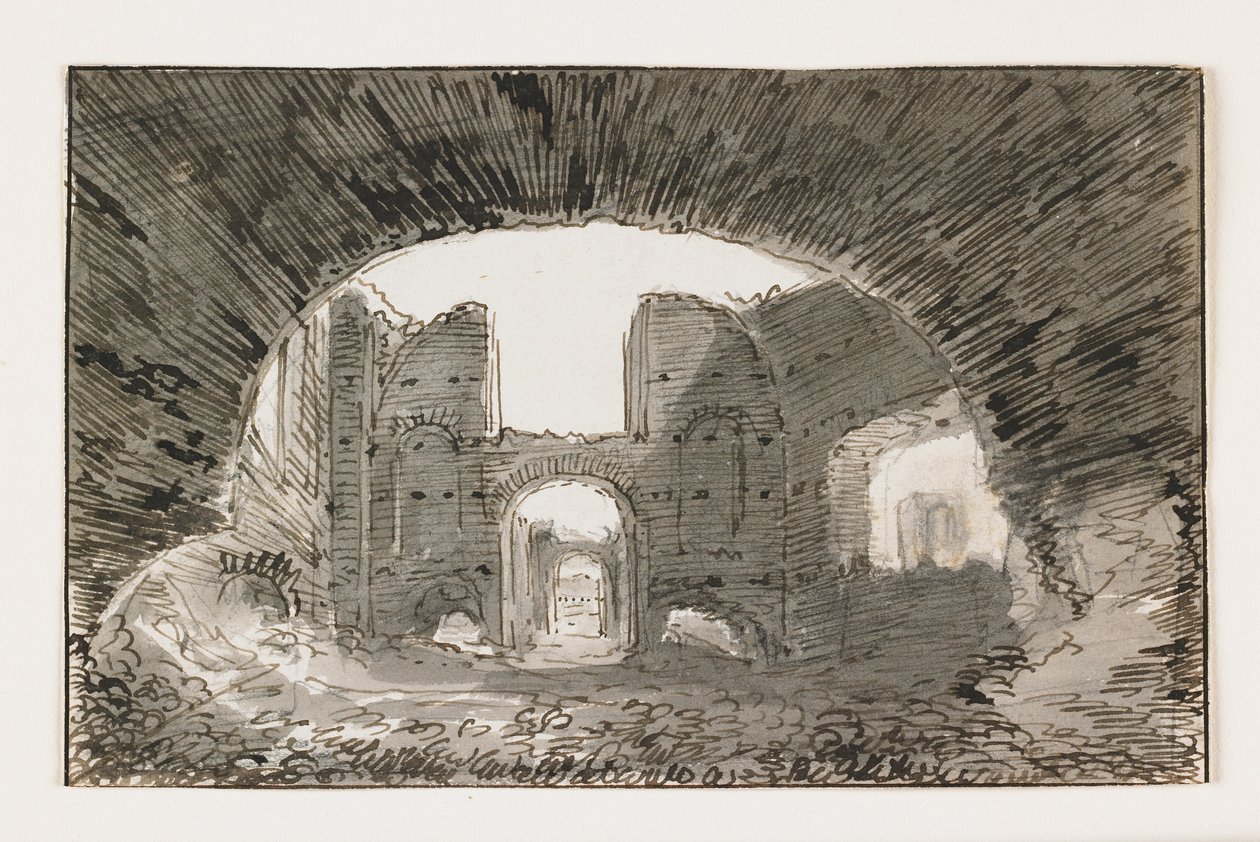رسم تخطيطي لحمامات كاراكالا ، أوائل القرن التاسع عشر (قلم وحبر بني مع غسل رمادي فوق الطباشير الأسود) بواسطة المدرسة الايطالية