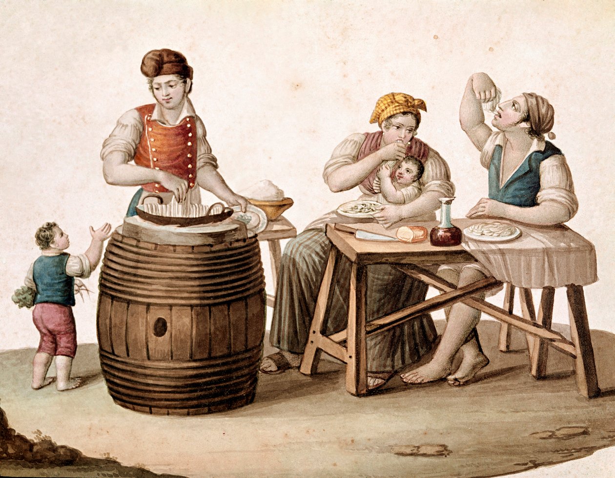 Small Neapolitan metier: a maccheroni salesman, next to him a family at table eating with hands - (Old trade: maccheroni seller, and customers eating italian pasta) Watercolour of the 19th century Museo Nazionale di San Martino Naples بواسطة المدرسة الايطالية