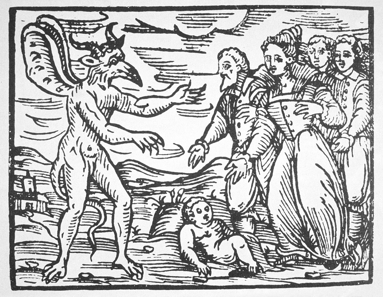 السحرة يقدمون طفلًا للشيطان ، من Compendium Maleticarum بواسطة الأب M Guaccius (1608) موضحة في تاريخ السحر المنشور في أواخر القرن التاسع عشر بواسطة المدرسة الايطالية