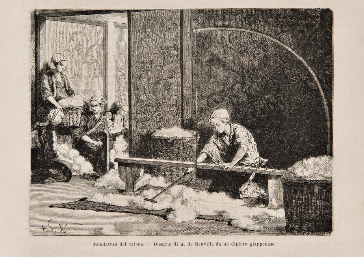 غزل القطن ، اليابان ، من النسخة الإيطالية من Tour du Monde ، 1869 بواسطة المدرسة الايطالية