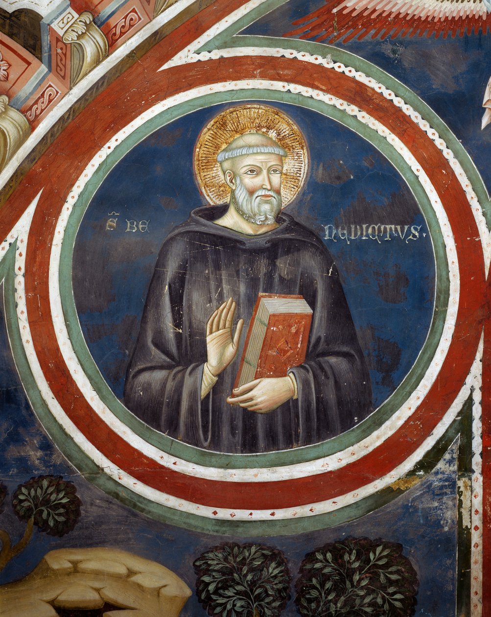 St Benedict, fresco of the Second Collaborator by Consolo or Magister Consolus, lower church of the Monastery of the Sacred Cave, Subiaco, Italy بواسطة المدرسة الايطالية