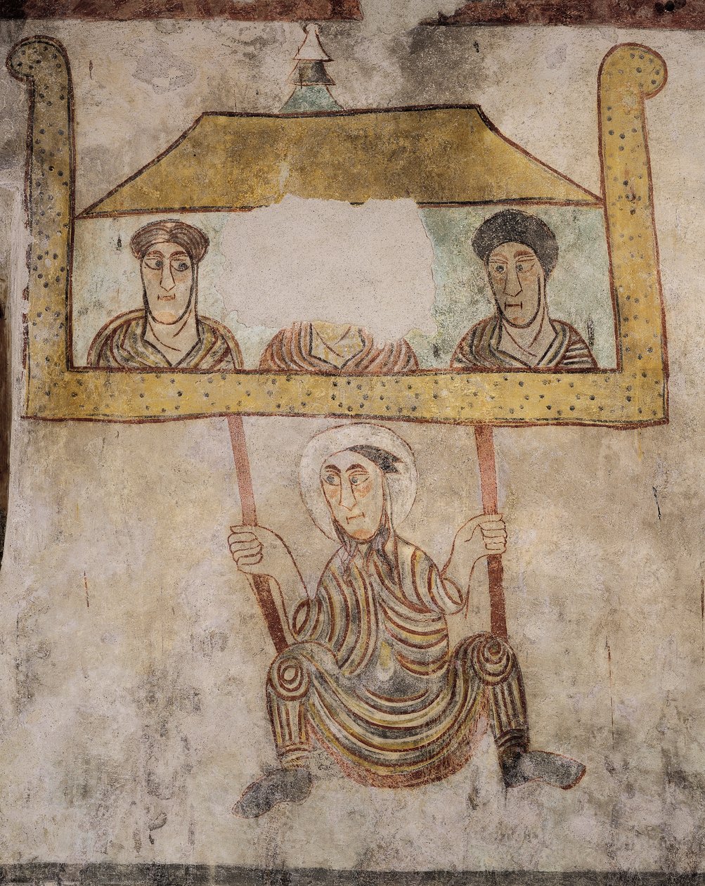 القديس بروكليوس يتأرجح على حبل ، تفاصيل من اللوحات الجدارية (القرن الثامن) ، كنيسة القديس بروكليوس ، ناتورنو ، فال فينوستا ، ترينتينو ألتو أديجل ، إيطاليا بواسطة المدرسة الايطالية