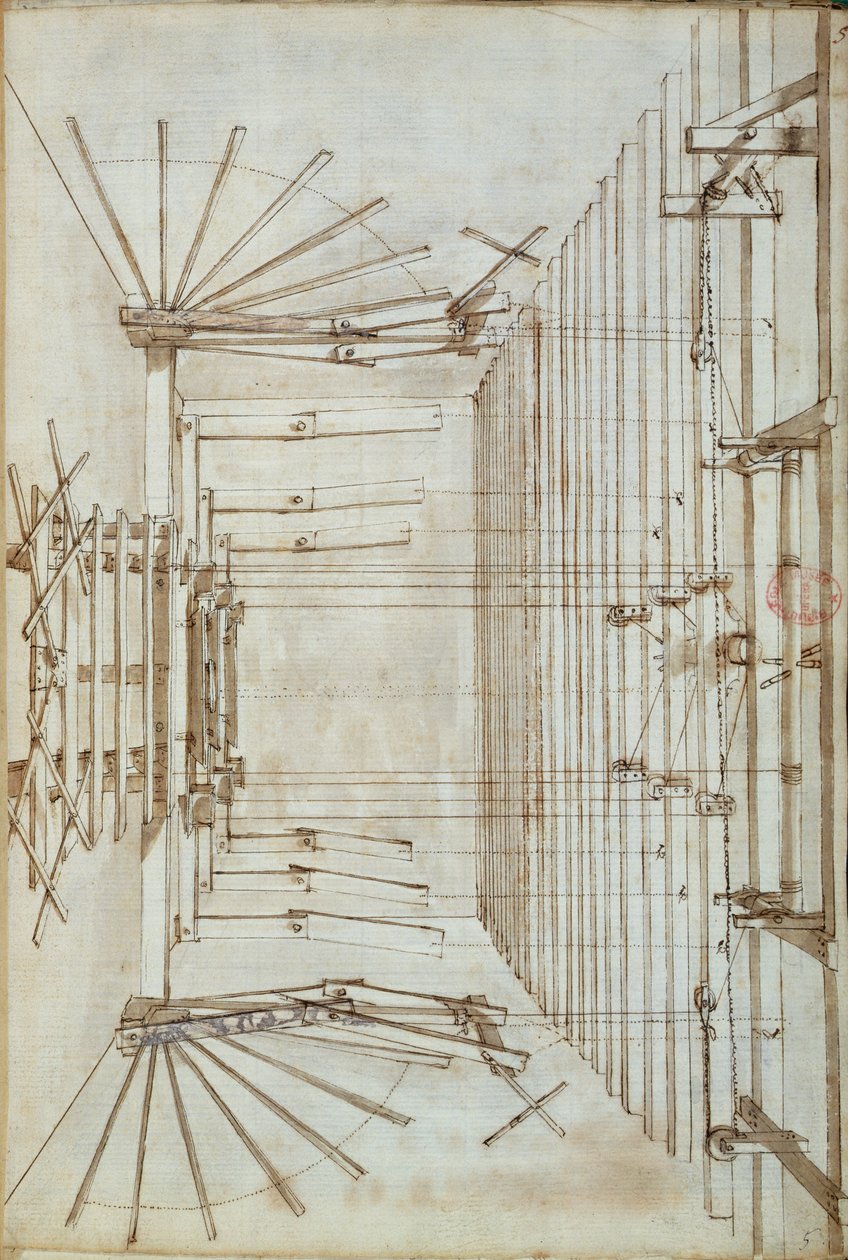 آلات مسرحية للأوبرا في مسرح سان سالفاتور في البندقية ، 1675 (قلم جاف وحبر على ورق) بواسطة المدرسة الايطالية