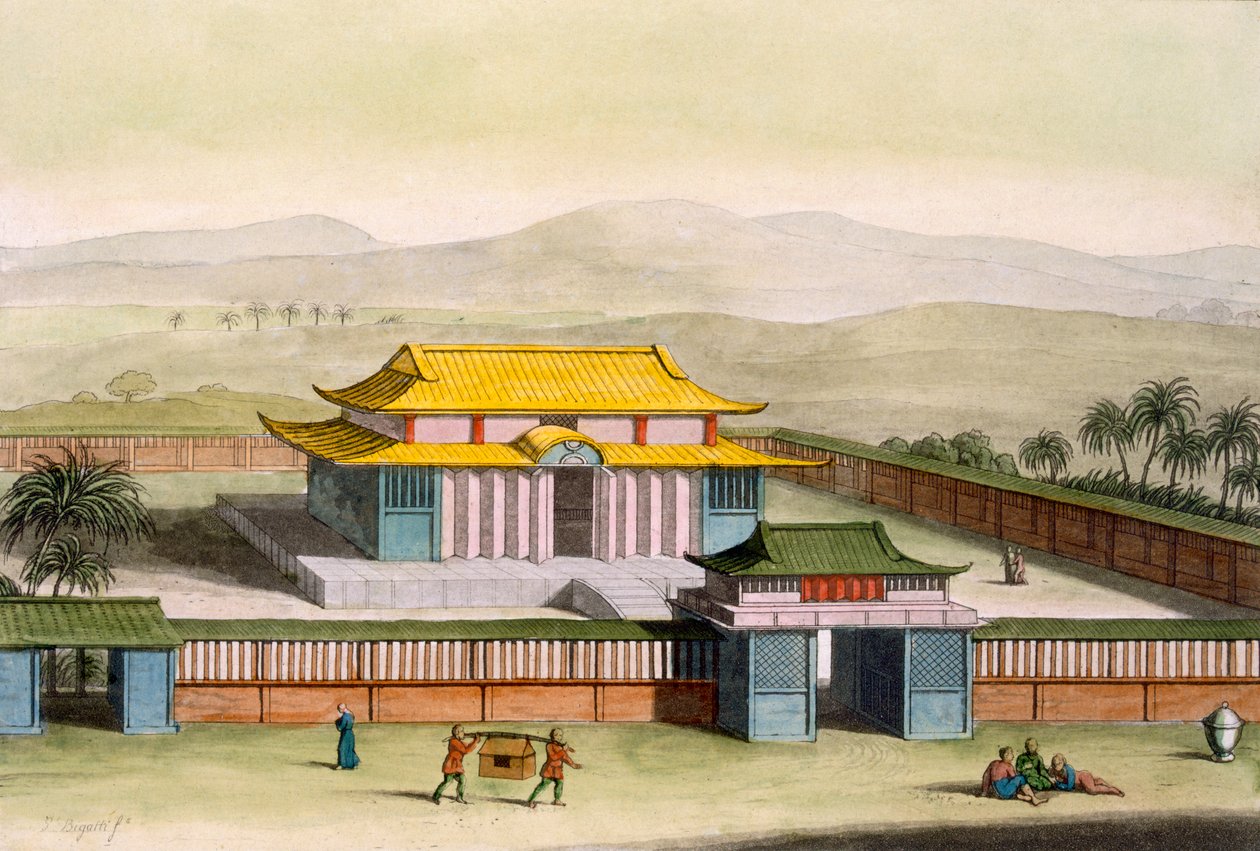 معبد Daibods في مجمع في الريف ، من أزياء دي ... بقلم جوليو فيراريو ، c.1820s-30s (ليثو ملون) بواسطة المدرسة الايطالية