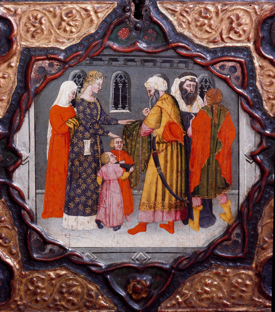 اليوم العاشر ، النبأ التاسع: يوم ميسر توريلو وصلاح الدين (1138-1193) (صلاح الدين يوسف الأيوبي (الأيوبي) صندوق ملون يوضح "ديكاميرون" لجيوفاني بوكاتشيو (جان بوكاتشيو) (1313-1375). القرن الخامس عشر ، فلورنسا ، متحف ناسيونالي ديل باكاشيو بواسطة المدرسة الايطالية