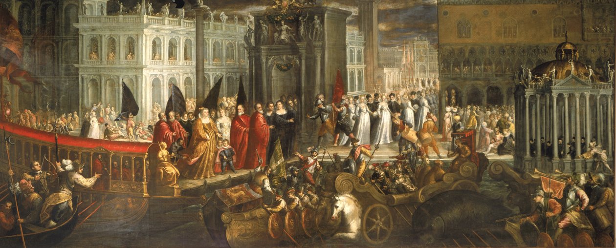 وصول Morosina Morosini Grimani في Palazzo Ducale ، البندقية بواسطة المدرسة الايطالية