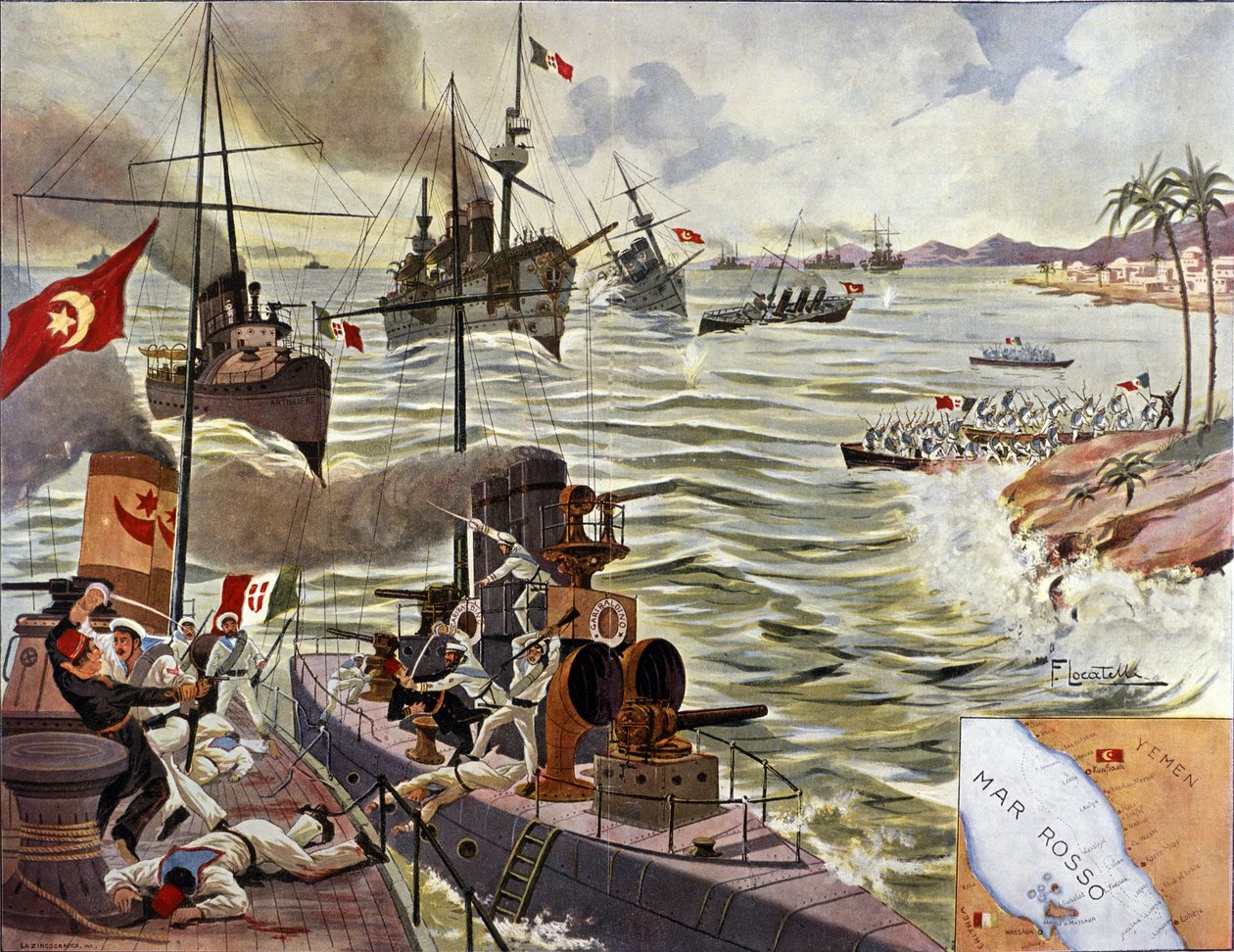 معركة خليج كونفودا، يناير 1912 (صورة حجرية ملونة) بواسطة المدرسة الايطالية