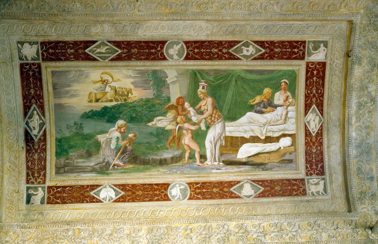 ولادة ممنون ، لوحة السقف في لوجيا Appartamento della Grotto (الحديقة السرية) 1534 بواسطة المدرسة الايطالية