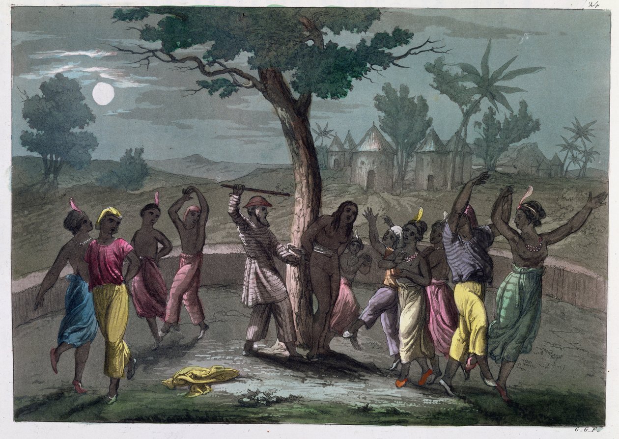 رقصة مومبو - جومبو ، وفقًا لأسفار Mungo Park ، من A History of Costume by J. Ferrario ، نُشرت في ميلانو عام 1820 بواسطة المدرسة الايطالية
