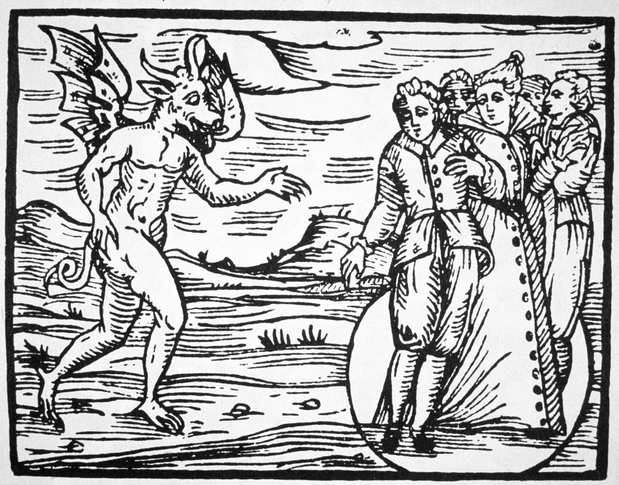 استحضار الشيطان ، نسخة من رسم توضيحي من Compendium Maleticarum بواسطة Fr M Guaccius ، ميلانو 1608 ، تم استخدامه في تاريخ السحر ، تم نشره في أواخر القرن التاسع عشر بواسطة المدرسة الايطالية