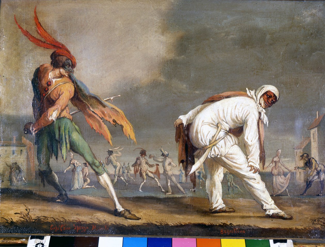 الأقنعة الإيطالية من Commedia dell'Arte: Captain Spezzamonti و Bagattino. لوحة مجهولة من القرن السابع عشر. متحف سكالا ، ميلانو. بواسطة المدرسة الايطالية