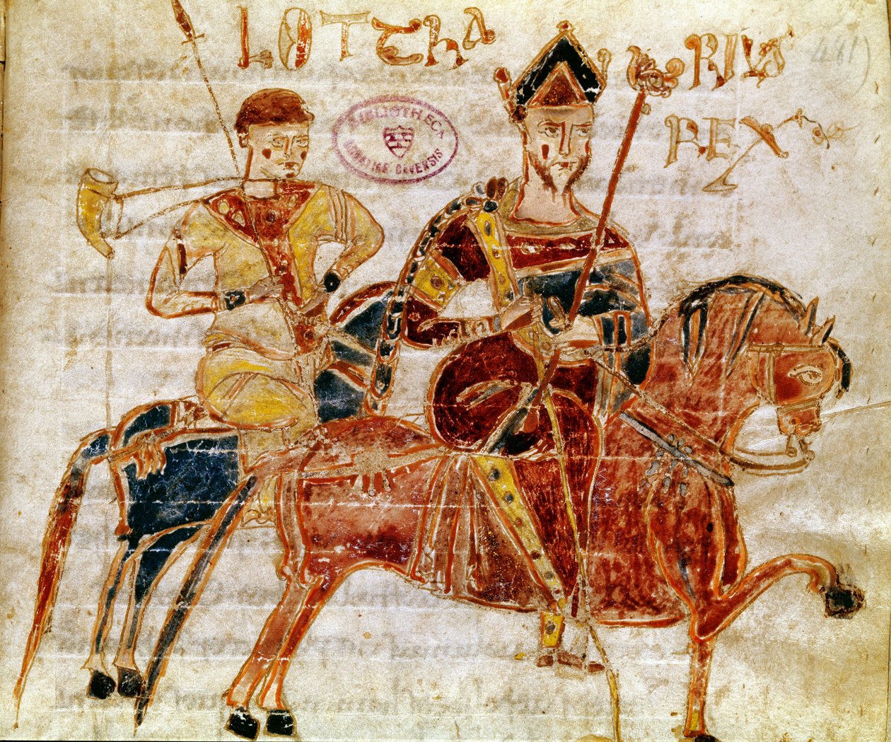 ملك الفرنجة ثم لوثريا الأول (القرن التاسع) صورة مصغرة من "Codex Legum Longobardorum" (أو Langobardorum) تصف قوانين مملكة لومبارد التي أنشأها الملك روثاري بواسطة المدرسة الايطالية