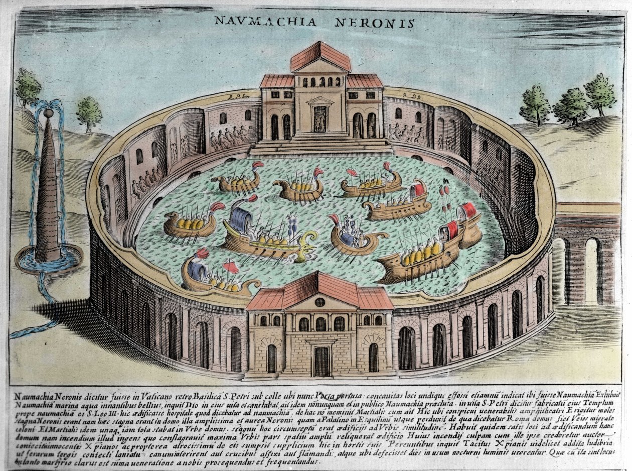 Naumachia of Neron ، تمثيل معركة بحرية في روما. نقش (القرن السابع عشر). بواسطة المدرسة الايطالية
