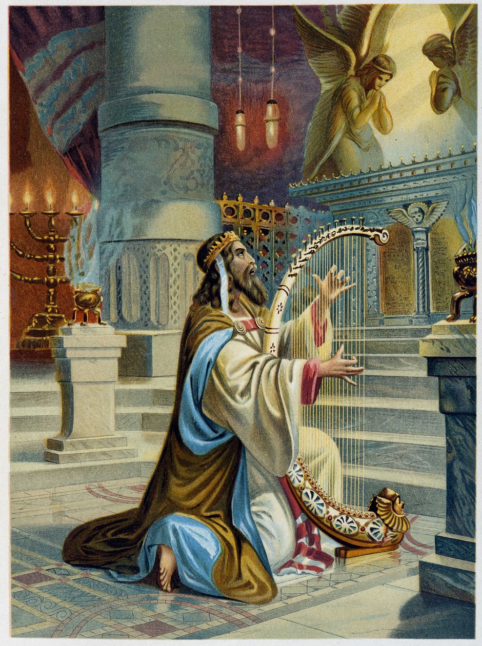 The Palmist David في "" الكتاب المقدس الكلاسيكي الذهبي: تاريخ الوحي الإلهي في القديم وفي الكفاح الجديد "بقلم جيوفاني لاديسلاو سيكورا (المجلد 1) ، ترجمة دون كليمنتي بينيتي. (الكتاب المقدس الإيطالي) بواسطة المدرسة الايطالية