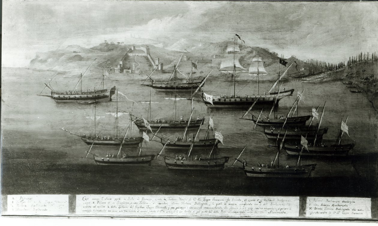 الأسطول الفينيسي بقيادة الكابتن إيفانوفيتش دا دابروتا ضد القراصنة الأتراك في Durazzo 1756 بواسطة المدرسة الايطالية