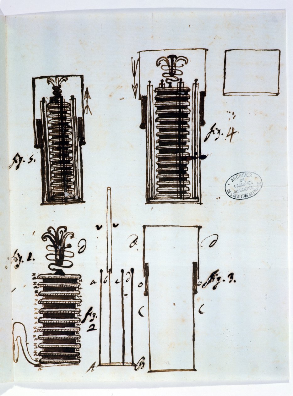 كومة فولطية (بطارية). رسم من خطاب اليساندرو فولتا (1745-1827) إلى ديودون دولوميو (1750-1801) حول الجلفنة ، 1801 (قلم وحبر على ورق) بواسطة المدرسة الايطالية