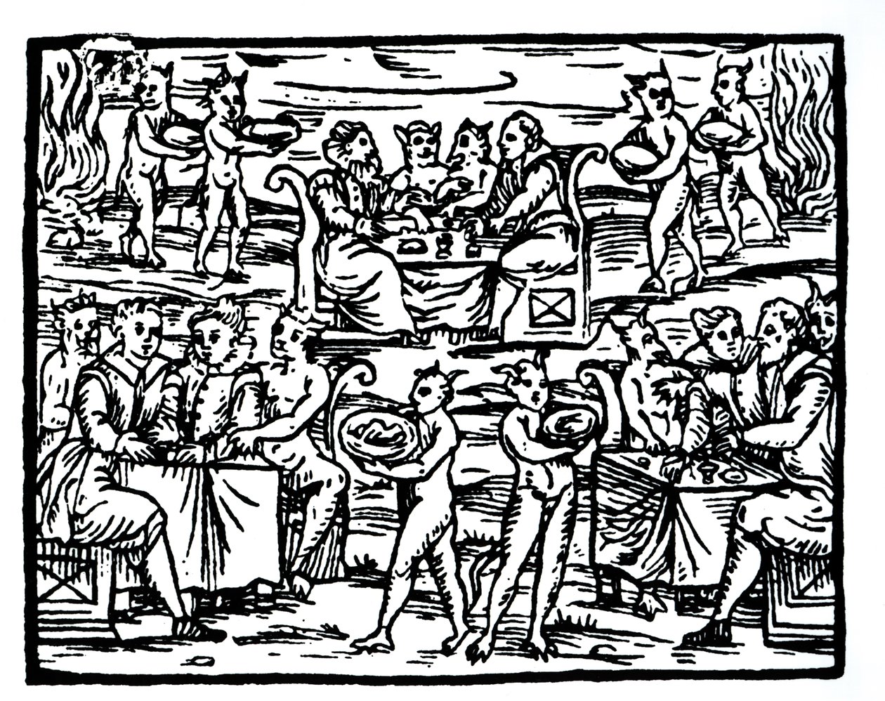 The Witches Sabbath ، نسخة من رسم توضيحي من Compendium Maleticarum بواسطة Fr M Guaccius ، ميلانو 1608 ، تم استخدامه في تاريخ السحر ، نُشر في أواخر القرن التاسع عشر بواسطة المدرسة الايطالية