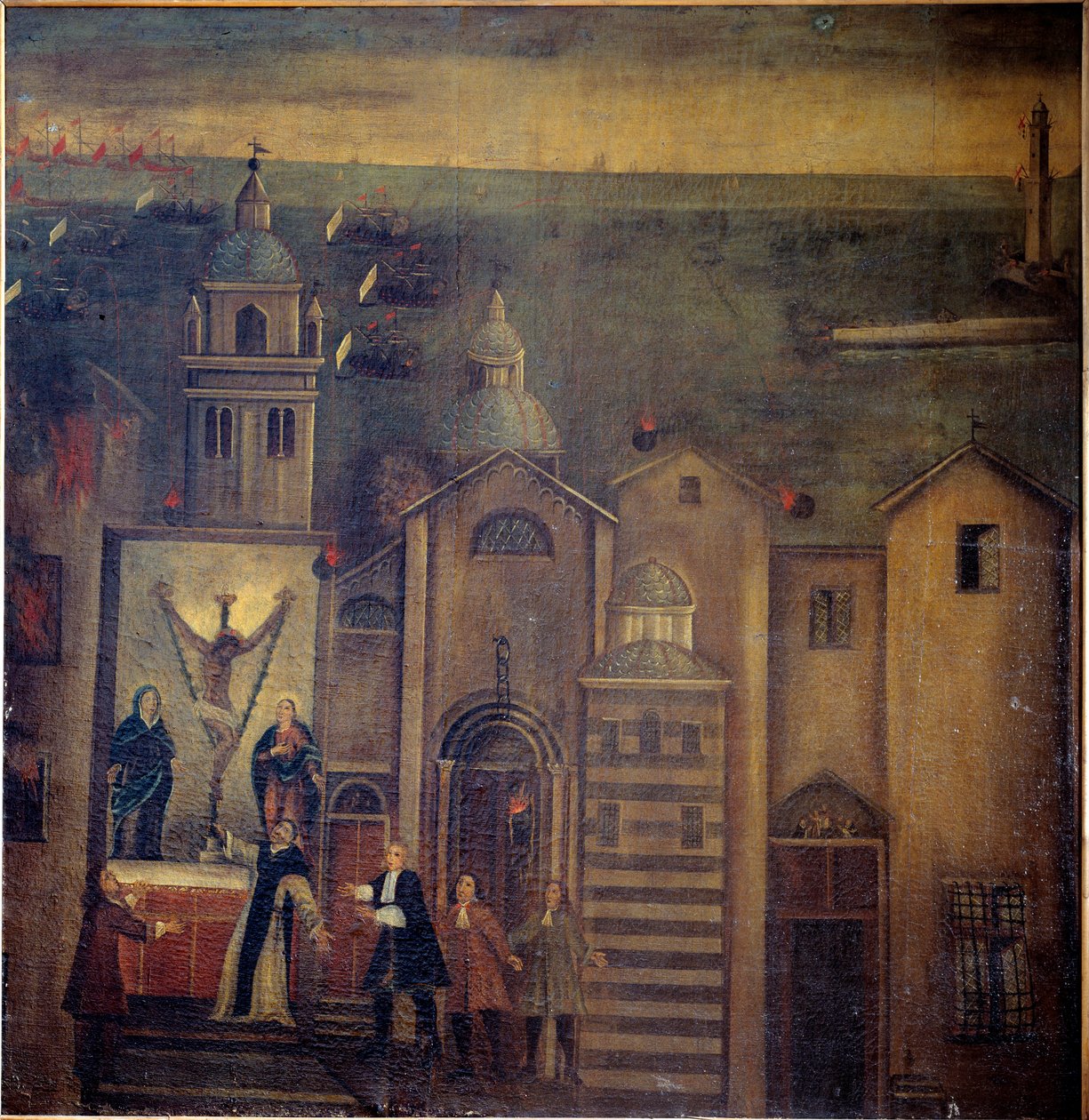 ضربت كنيسة سانتا ماريا ديل كاستيلو أثناء قصف الفرنسيين عام 1684 ، جنوة (زيت على قماش بواسطة المدرسة الايطالية